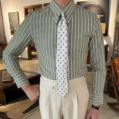 Lapel Vintage Stripe Versatile Slim-fit Long Sleeve Shirt