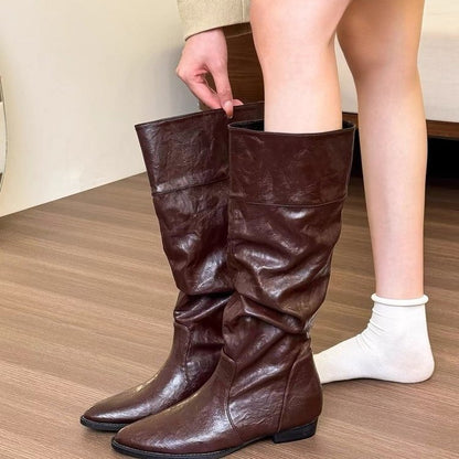 Small Retro Pointed Height Increasing Insole Boots Below The Knee High