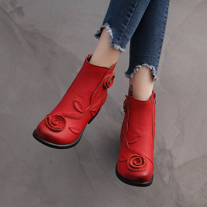 Chunky heel genuine leather ethnic style mid-heel Martin boots, handmade