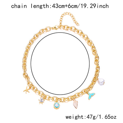 Women's Fashion Starfish Pearl Shell Fishtail Multi-pendant Necklace Bracelet