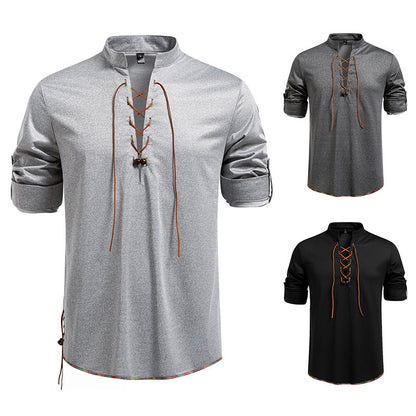 Drawstring Design Men's Stand-up Collar Long Sleeve T-shirt