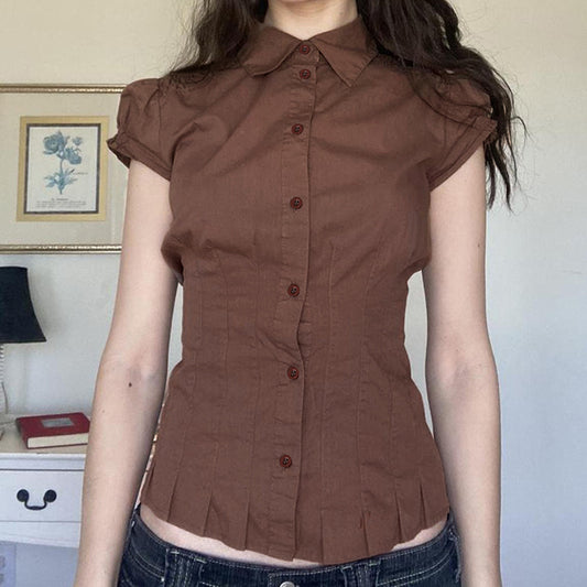 Sweet And Spicy Niche Style Lapel Puff Sleeve Shirt Design Sense Pleat And Waisted