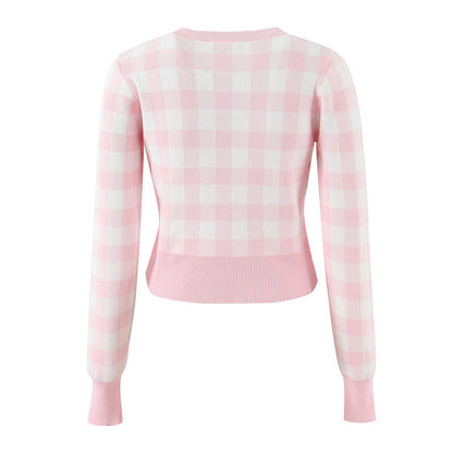 Women's Round Neck Plaid Knitted Cardigan Short Slim-fit Small Coat