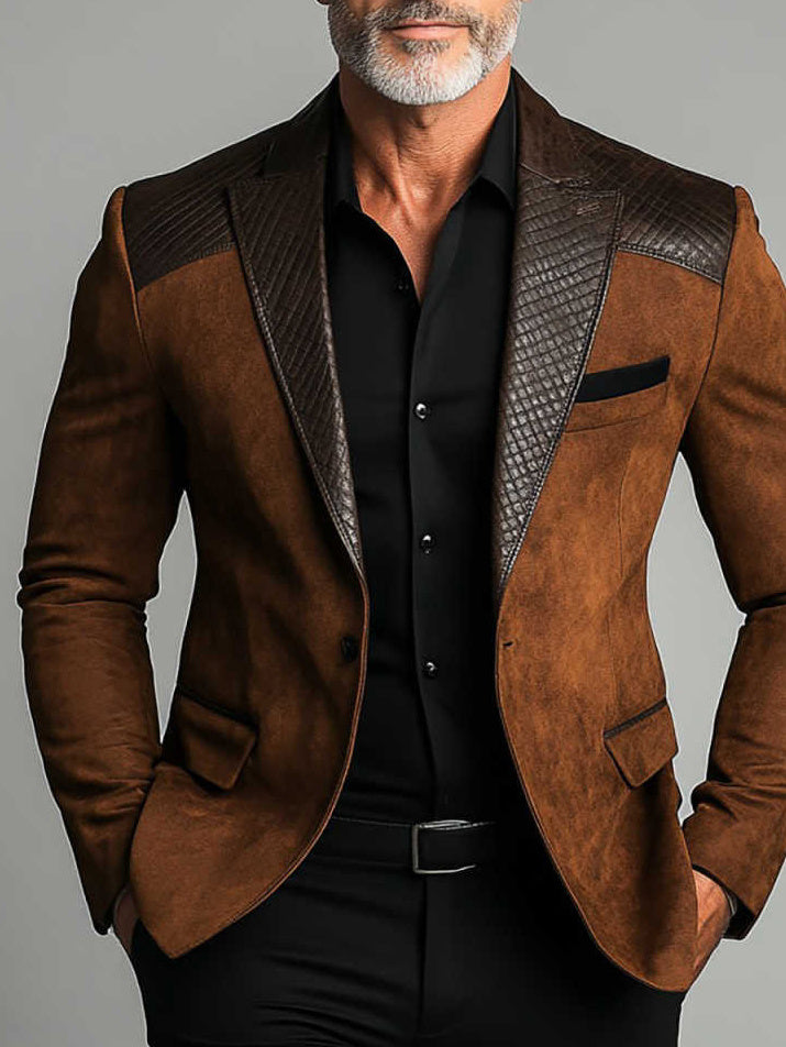 Brown Suede Blazer With Textured Leather Accents