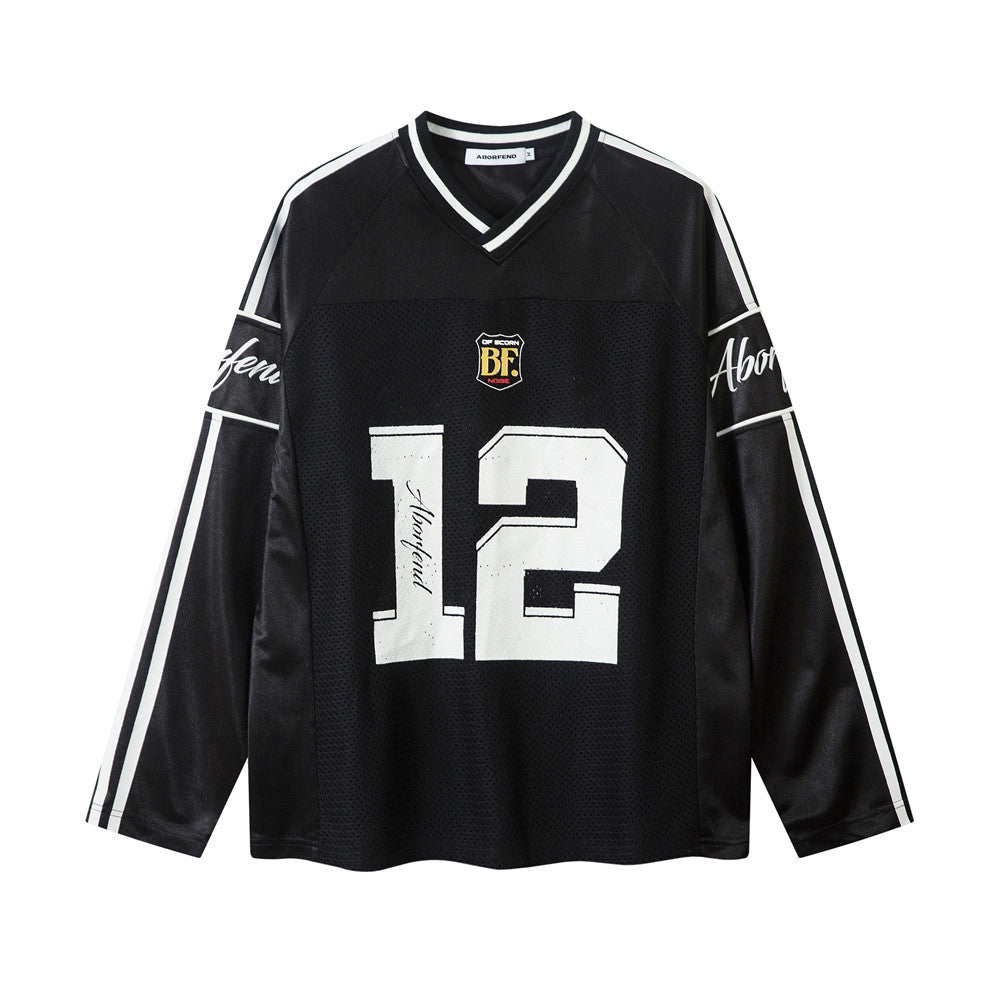 Digital Printed Long-sleeved T-shirt Jersey Contrast Color V-neck Top