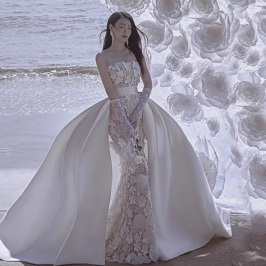 French-style Bride Lace Tube Top Satin Fishtail Trailing Wedding Dress