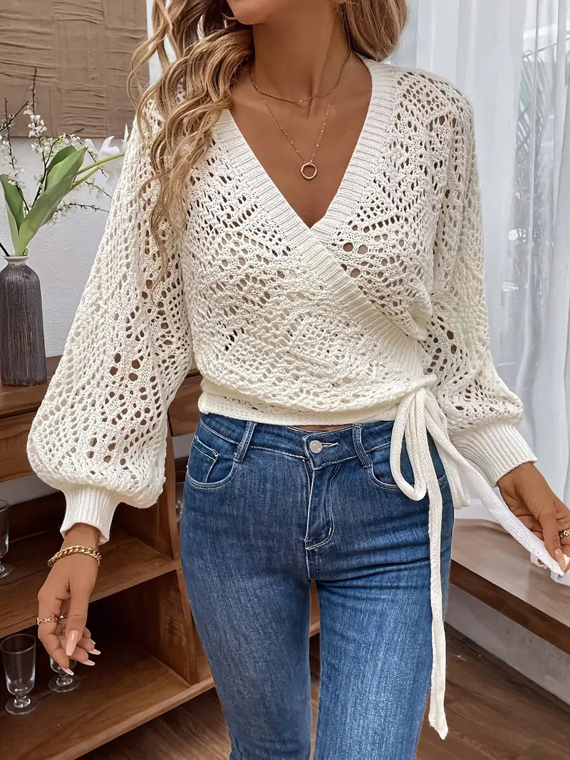 Solid Color And V-neck Lace-up Elegant Lantern Sleeve Long Sleeve
