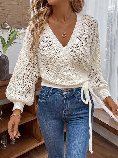 Solid Color And V-neck Lace-up Elegant Lantern Sleeve Long Sleeve
