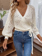 Solid Color And V-neck Lace-up Elegant Lantern Sleeve Long Sleeve