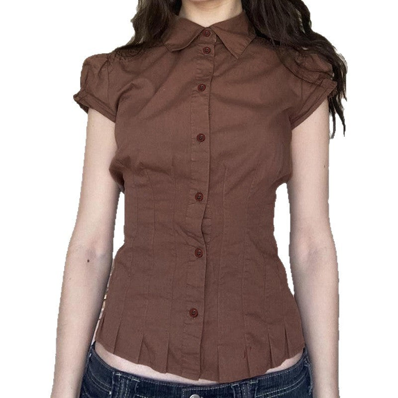 Sweet And Spicy Niche Style Lapel Puff Sleeve Shirt Design Sense Pleat And Waisted