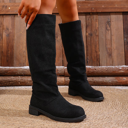 European And American Fashion Suede Sleeve High Leg Boot Low Heel Large Size Below The Knee Boots
