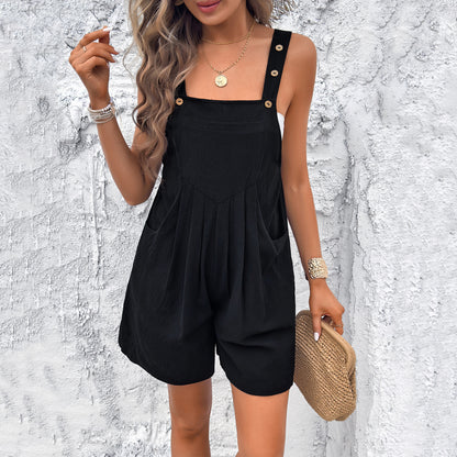 Casual-style Solid Color Suspenders Short Jumpsuit