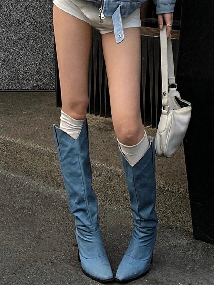 Niche Slimming V Cut Blue Waterproof Platform Western Cowboy Boot