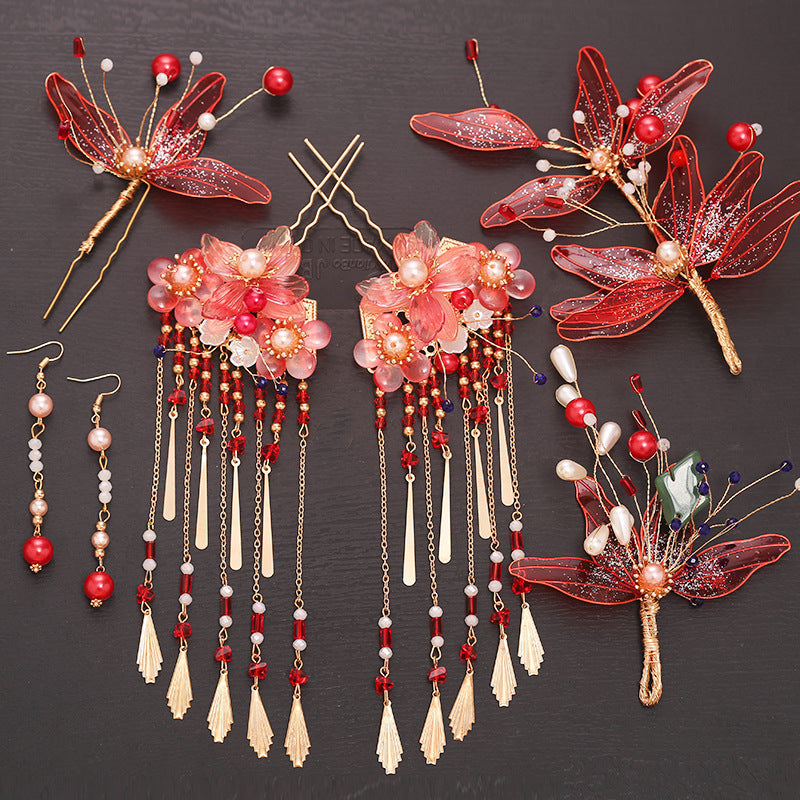 Classical Red Flower Liquid Ancient Style Headdress Fringed Hair Crown Bridal Hair Accessories