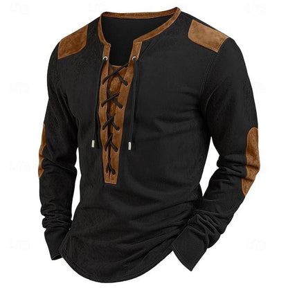 Stitching Henry Long Sleeve Drawstring Men's T-shirt