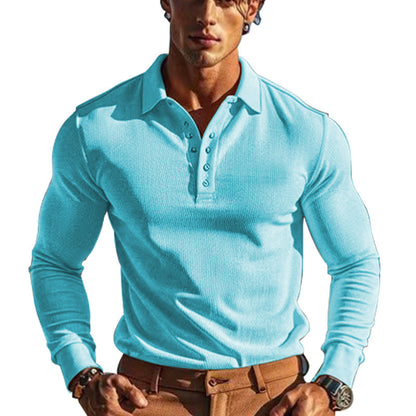 American Men's T-shirt Waffle Casual Polo Collar Button Slim-fit Long Sleeve