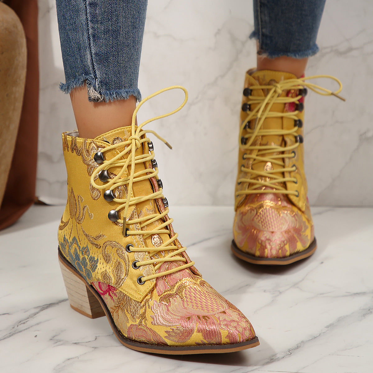 Large Size Ethnic Style Embroidered High Heel Lace-up Ankle Boots