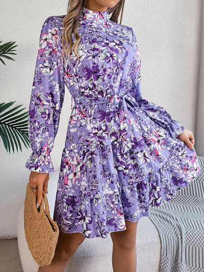 Standing Collar Floral Print Waist-controlled Long Sleeves Ruffled A-line Dresses For Women Spring Autumn Ruffle Edge Long Dress