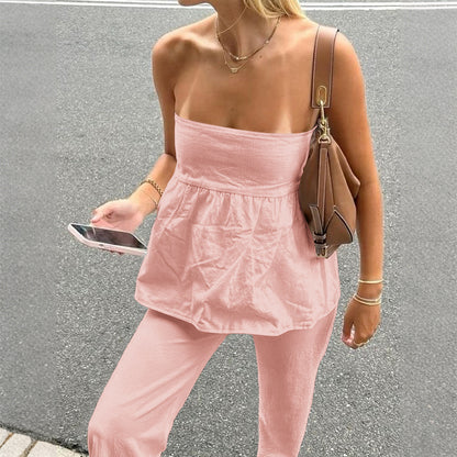 Women's Casual Tube Top Straight-leg Trousers Suit