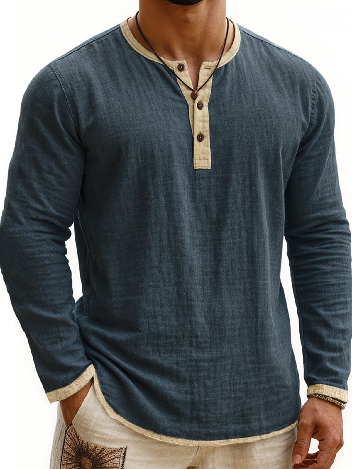 Digital Printing Two-tone Henley Shirt 3-button Men's Casual Long Sleeve