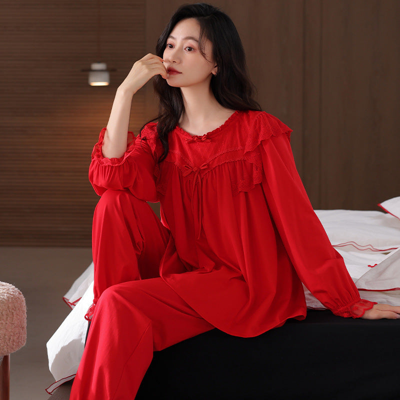 Long Sleeve Annual Home Wear Cotton Wedding Celebration Red Bride Suit