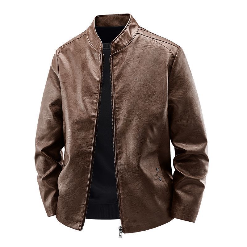 Men's Motorcycle Leather Coat Spring And Autumn Solid Color Stand Collar