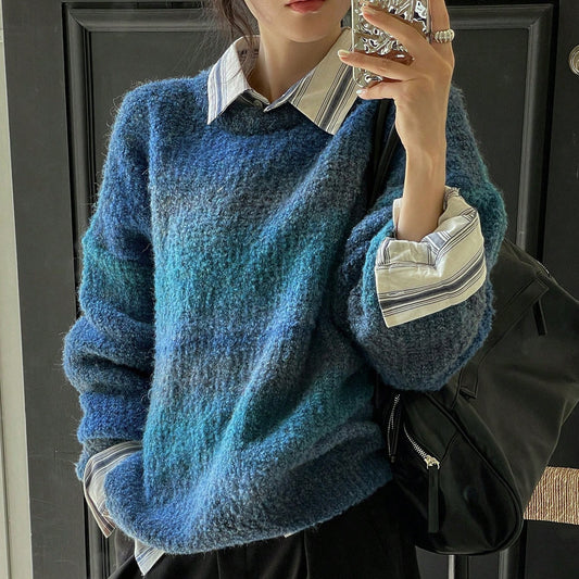 Lazy Sweater Female Gradient Color Round Neck Loose Outer Wear Soft Glutinous
