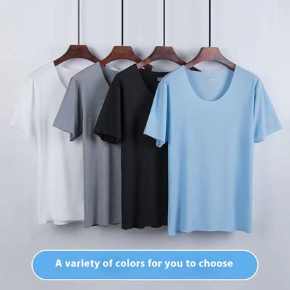 Advanced Ice Silk Round Neck Solid Color Short Sleeve Shorts Suit