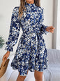 Standing Collar Floral Print Waist-controlled Long Sleeves Ruffled A-line Dresses For Women Spring Autumn Ruffle Edge Long Dress