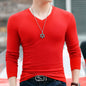 Winter Long Sleeve Slim Fit Solid Color And V-neck T-shirt