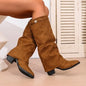 Pointed Toe High Tube Pants Boots Pleated Chunky Heel Sleeve