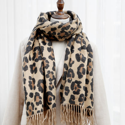Double-sided Leopard Print Scarf With Thick Tassels  Cashmere To Keep Warm