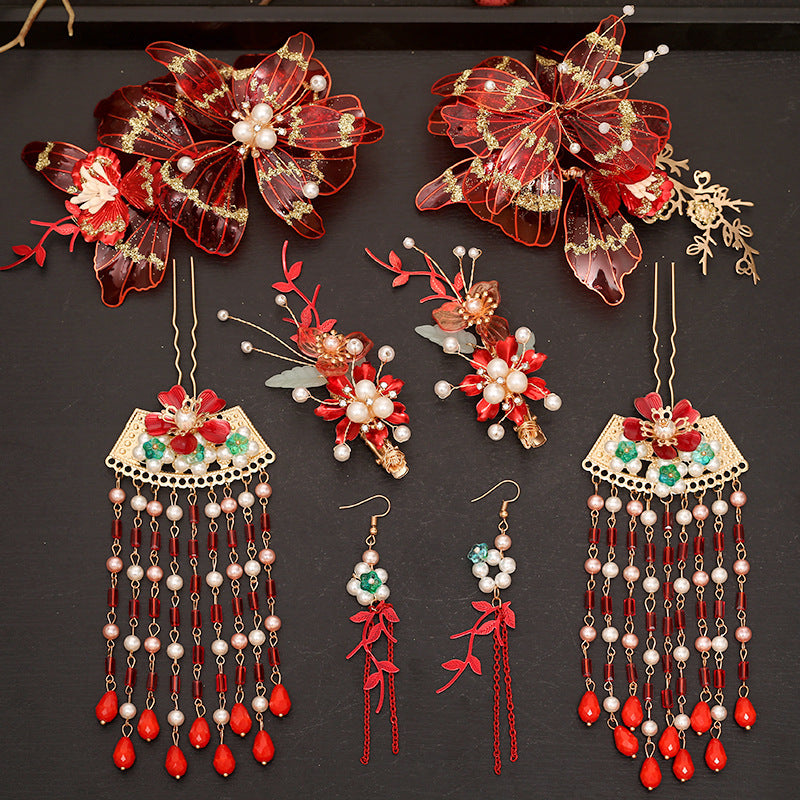 Classical Red Flower Liquid Ancient Style Headdress Fringed Hair Crown Bridal Hair Accessories