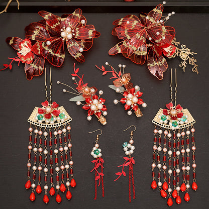 Classical Red Flower Liquid Ancient Style Headdress Fringed Hair Crown Bridal Hair Accessories