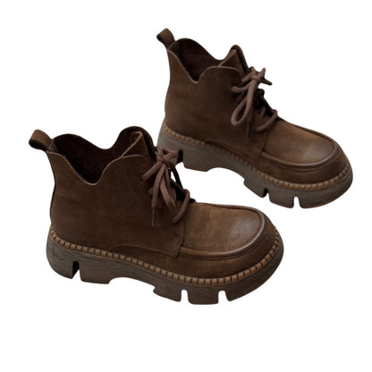 Platform Round Toe Lace-up Casual Cowhide Women's Boots