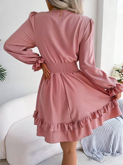 Summer Dresses Solid Color V-neck Long Sleeve Dress For Women Sexy V-neck Lace Up A-line Dress Women's Beach Dress