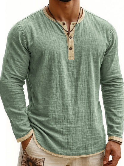 Digital Printing Two-tone Henley Shirt 3-button Men's Casual Long Sleeve
