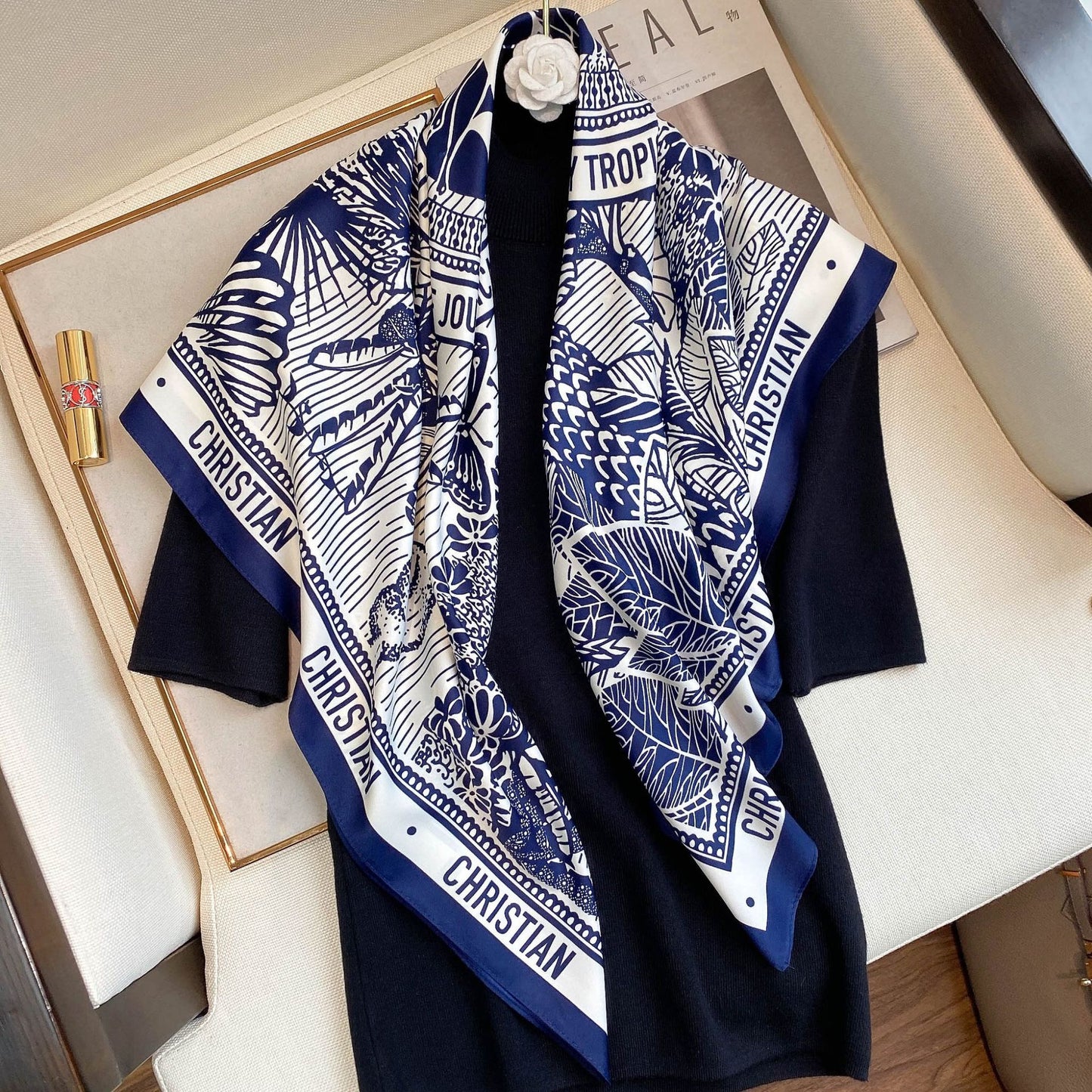 Spring Summer Geometric Pattern Blue Plain Print Scarf