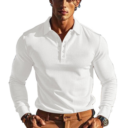 American Men's T-shirt Waffle Casual Polo Collar Button Slim-fit Long Sleeve