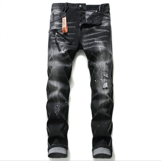 Black And Gray Paint Hole Zipper Decorations Personality Jeans Men