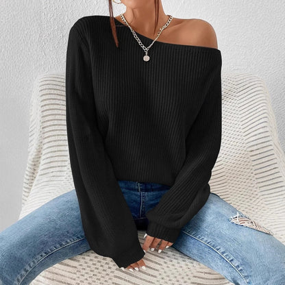 Commute Style Autumn And Winter New Personalized Off-the-shoulder Pullover Knitting Solid Color Loose Leisure All-matching Pullover Boat Neck Sweater