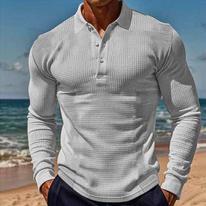 American Men's T-shirt Waffle Casual Polo Collar Button Slim-fit Long Sleeve