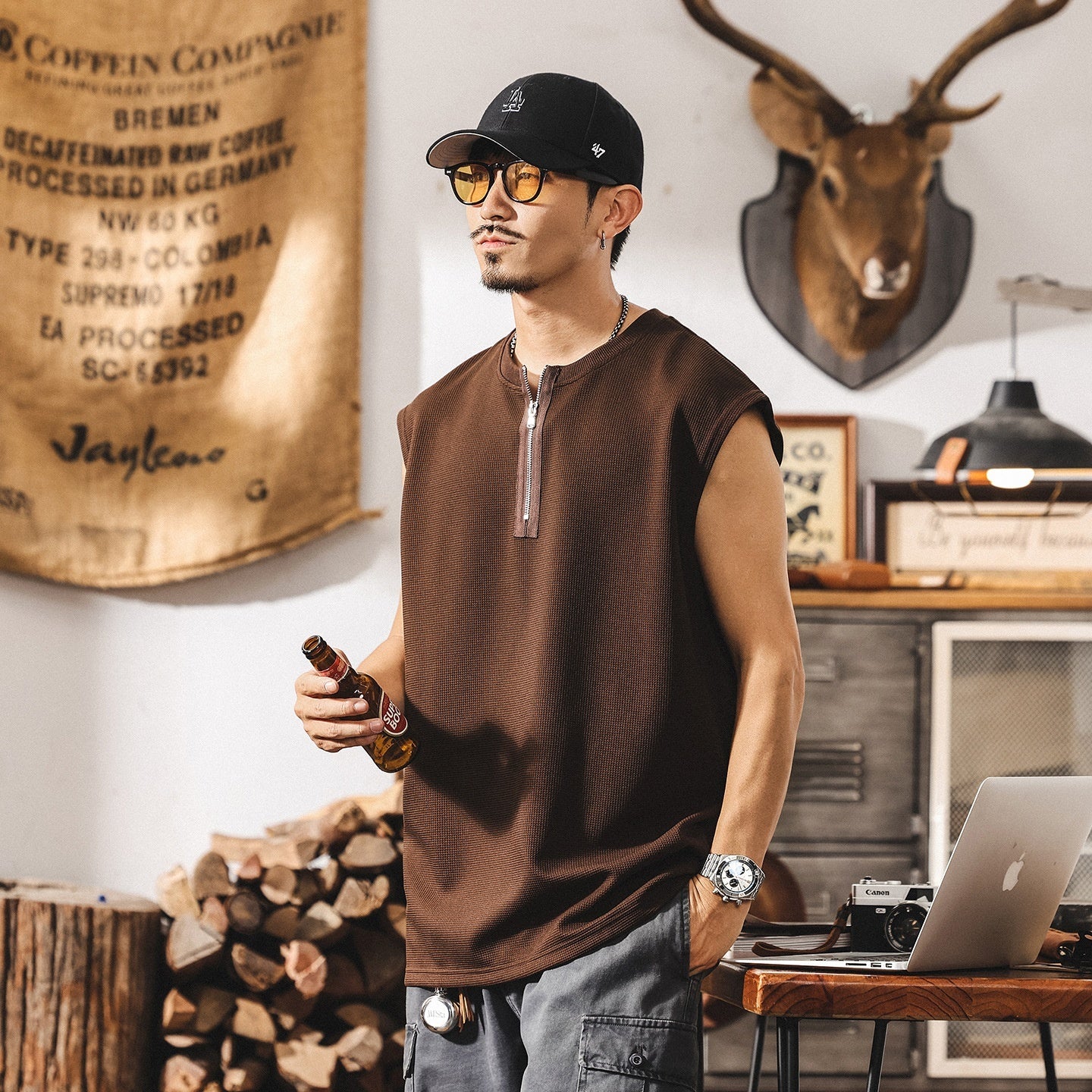 Vintage Zipper Sports Fitness Vest Men's Loose Waffle Texture Tough Guy T-shirt