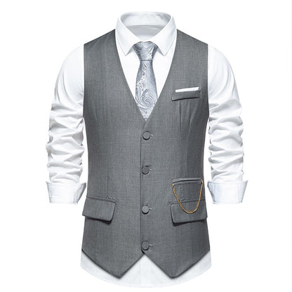 New Men's Solid Color Suit V-neck Single Breasted Chain Vest