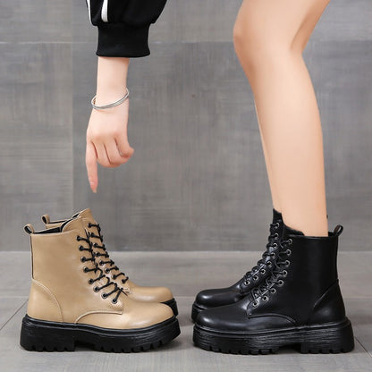British Style Boots With Chunky Heels Women's Platform Lace-up
