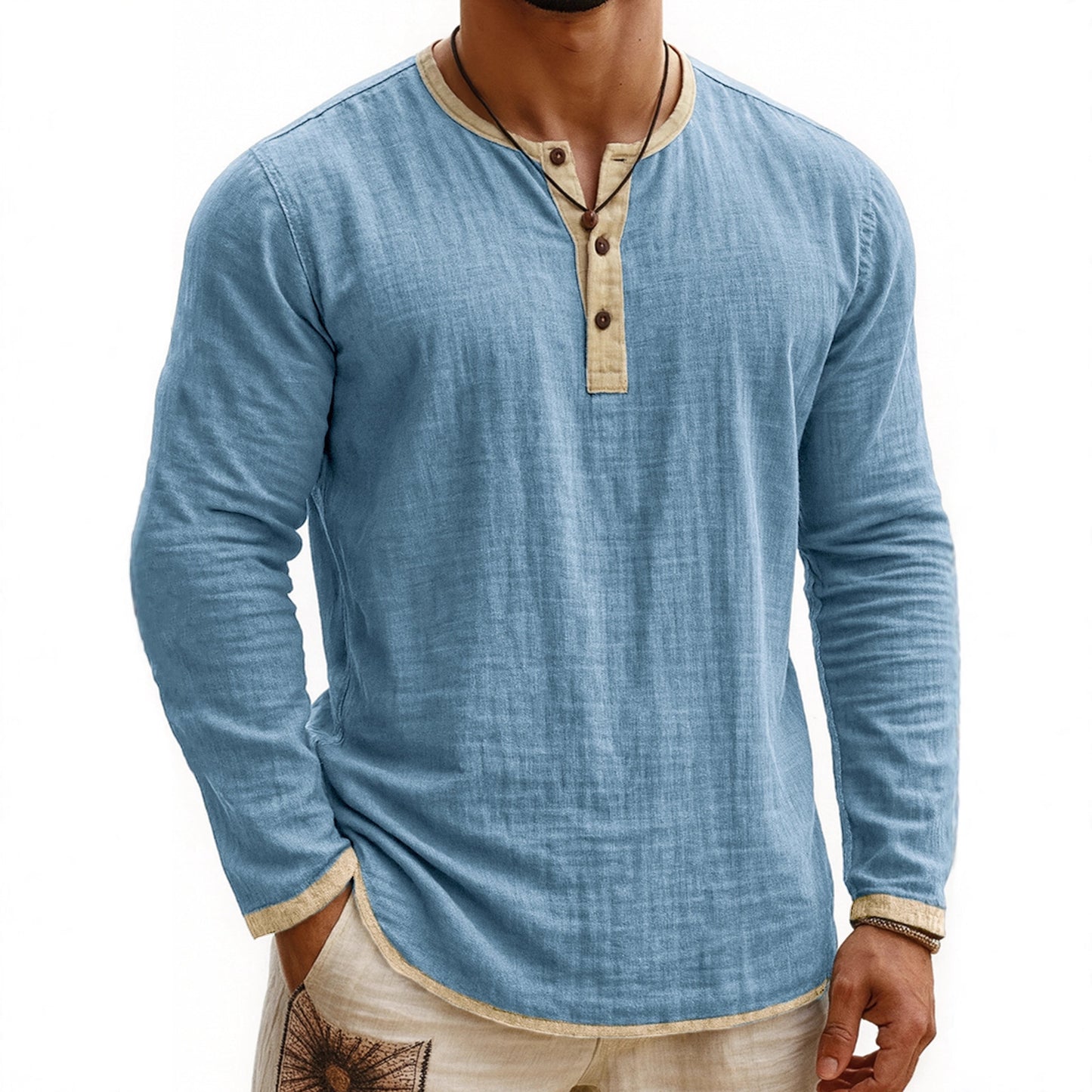 Digital Printing Two-tone Henley Shirt 3-button Men's Casual Long Sleeve
