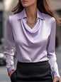 Women's Swing Collar Draped Shirts & Blouses Elegant Solid Satin Office Ladies Top Pullover Spring Long Sleeve Casual Tops