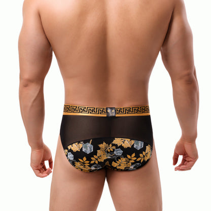 Men's Sexy Mid Waist Briefs Nylon Mesh Floral Print Stitching