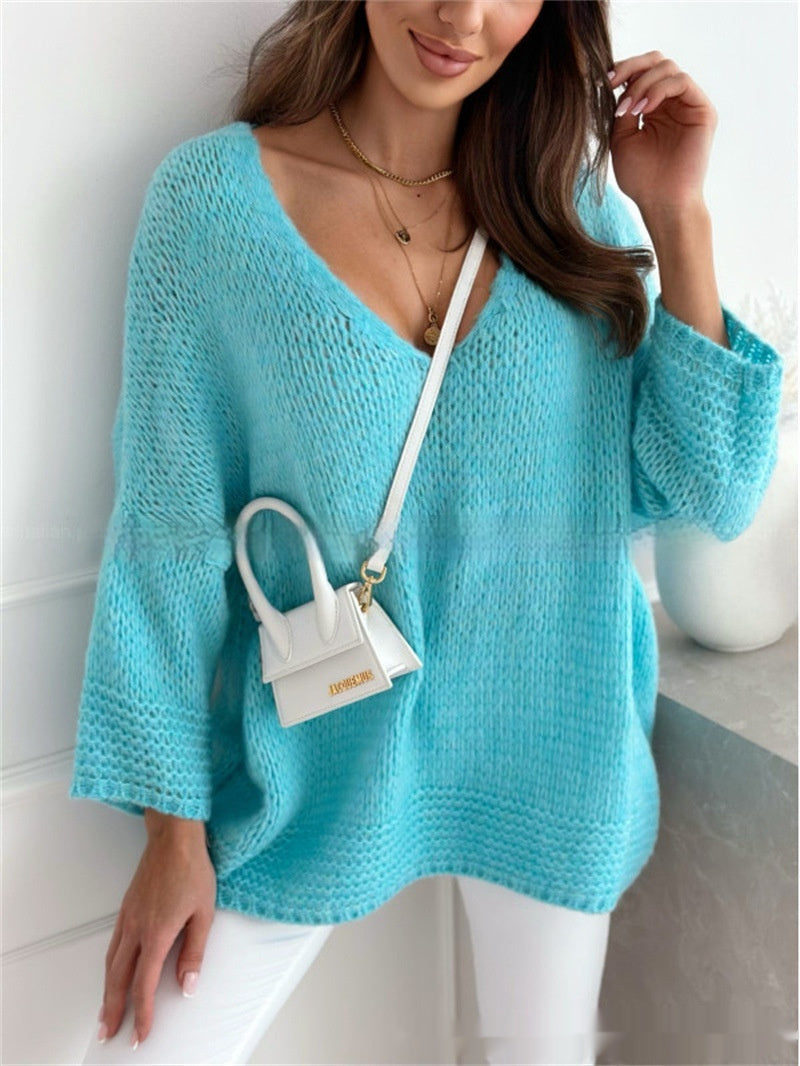 Loose And Idle Pullover Sweater V-neck Excellent Long Sleeve Top