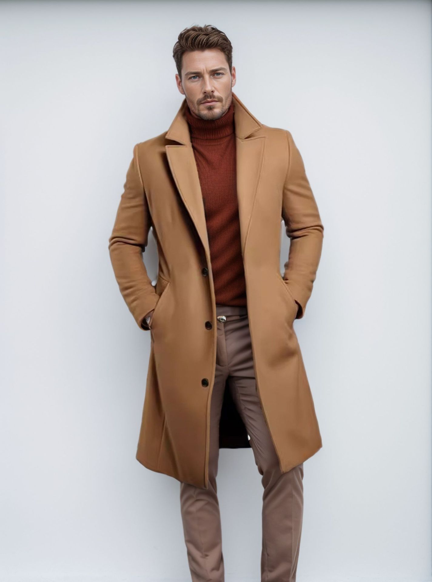 Men's Mid-length Solid Color Autumn And Winter Woolen Coat